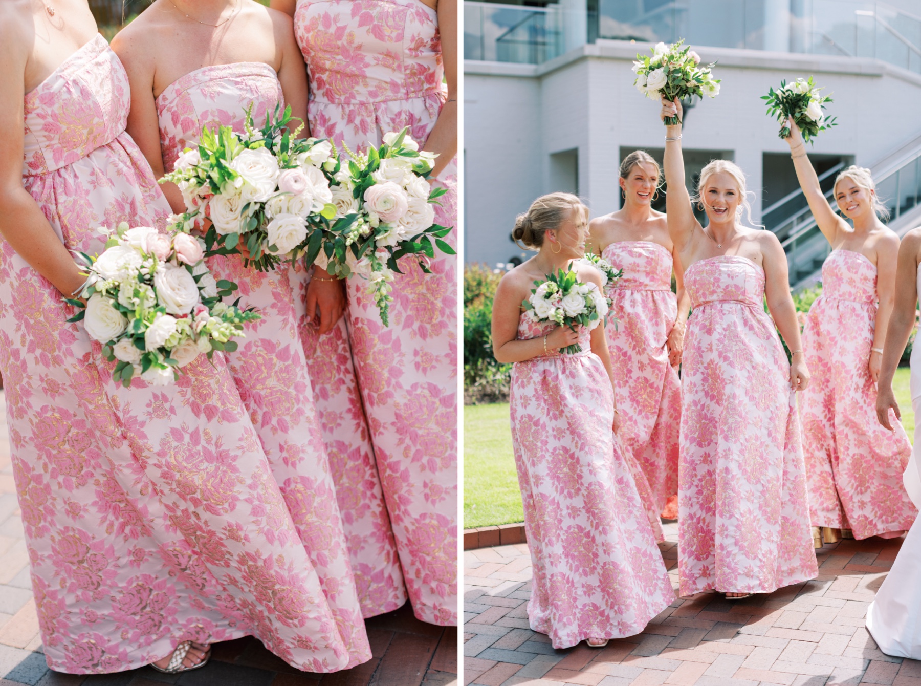 Bridesmaids in floral pink dresses