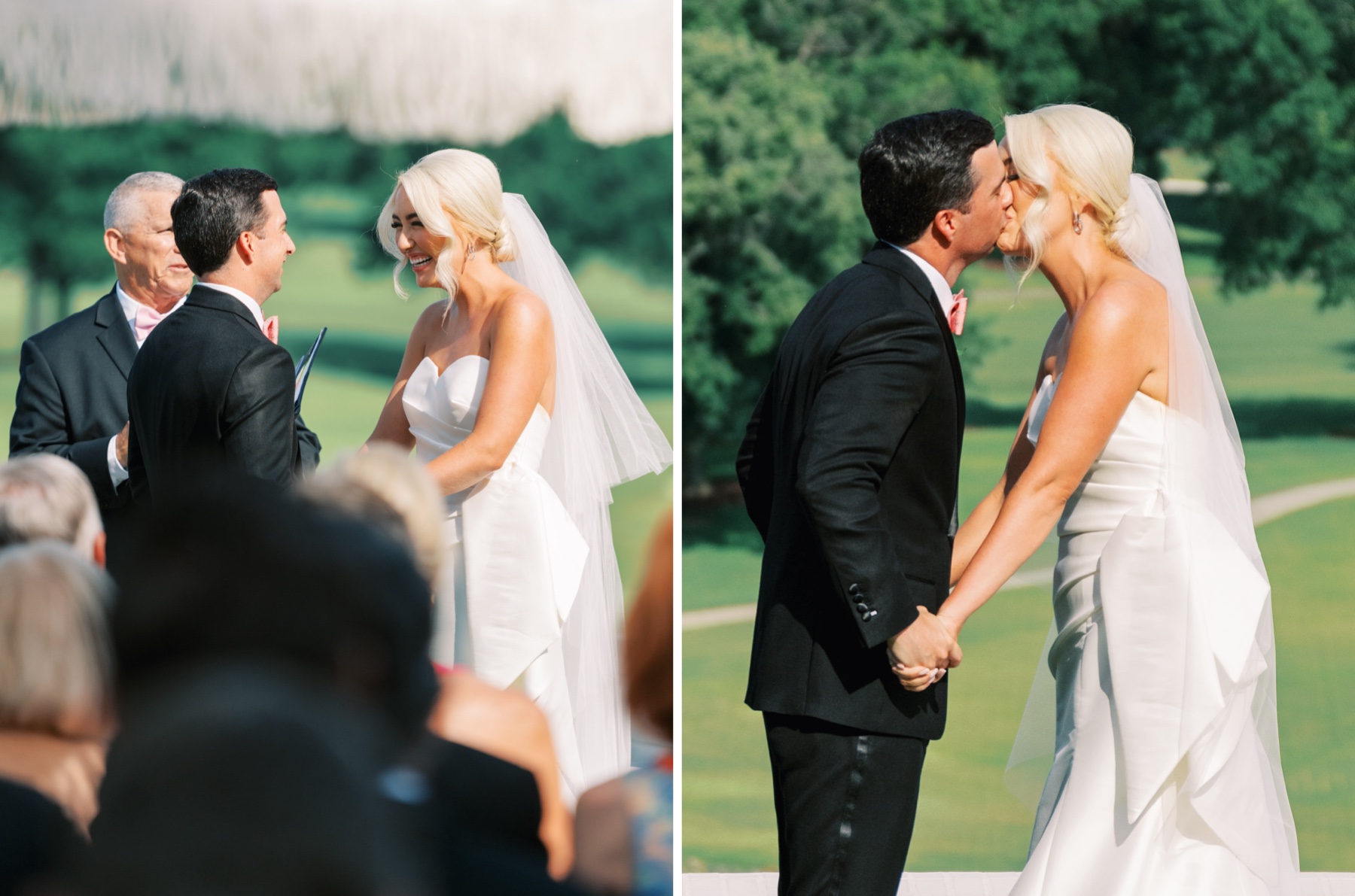 Bride and groom kiss at wedding ceremony at Myers Park Country Club