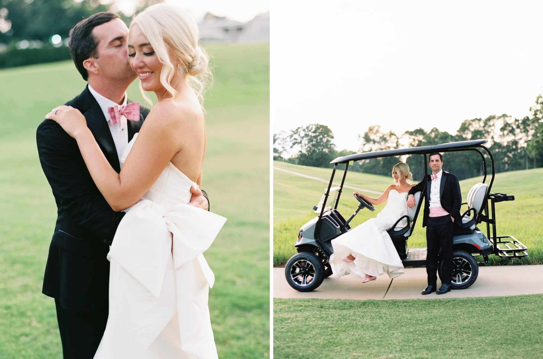 Newlywed photos on golf cart 