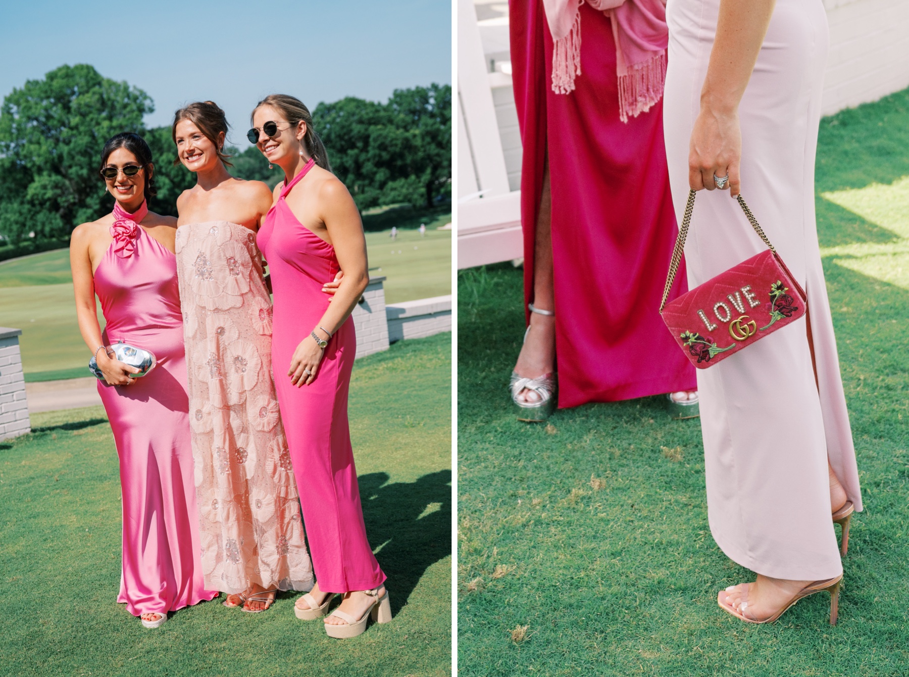 Wedding guests in pink dresses from a Pink “Black Tie Frat Party” Wedding at Myers Park Country Club