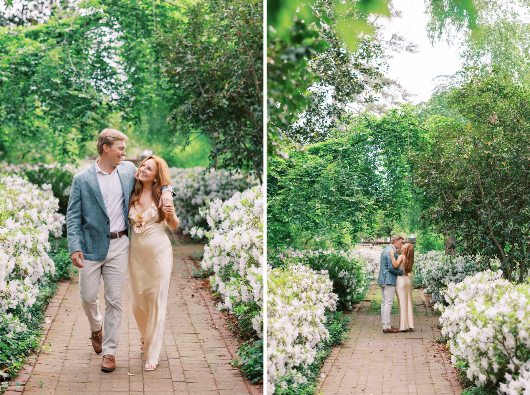 Couple walk down flower lined path at Wing Haven Gardens in Charlotte 