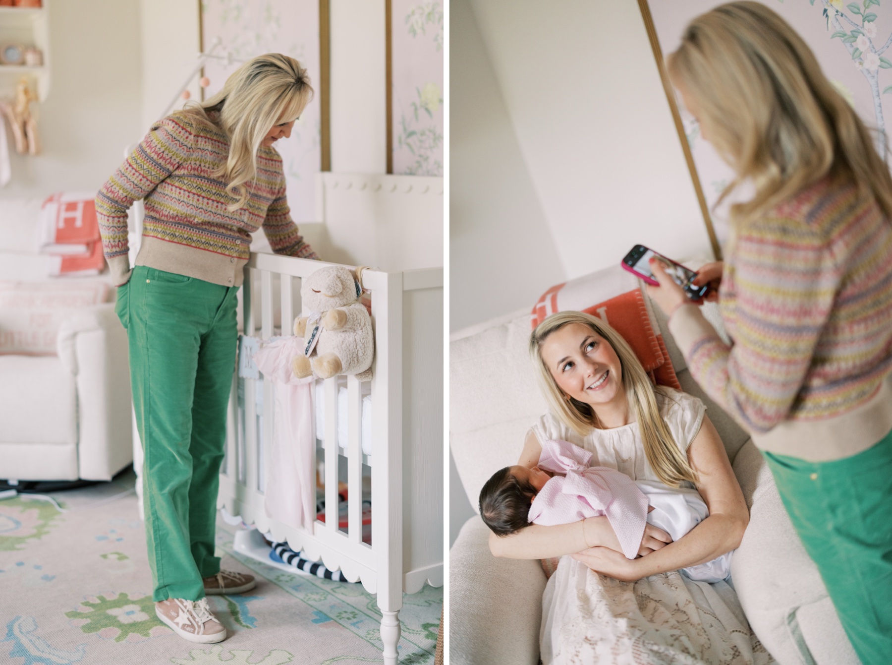 grandmother takes photo on her phone of her daugher and granddaughter during their Charlotte Newborn Session