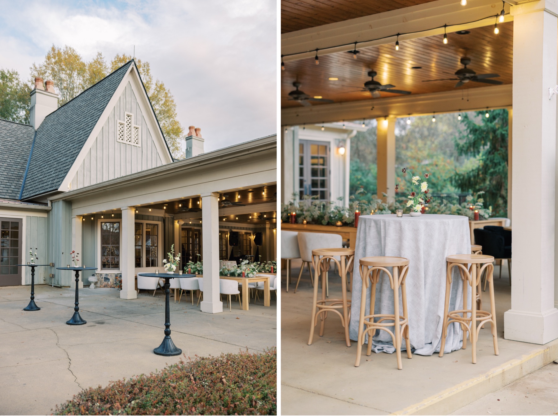 Two photos showing Saylor Hall set up for rehearsal dinner