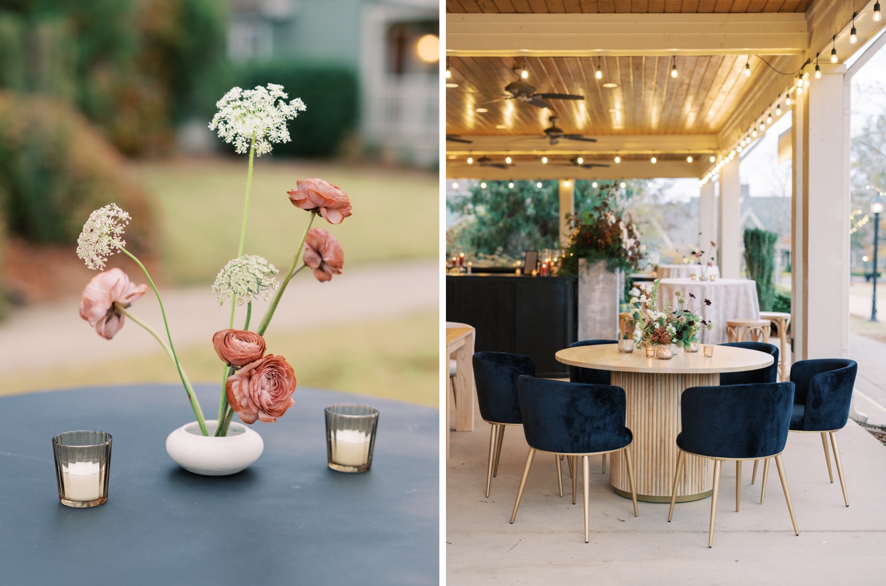 two photos - left showing minimalist floral centerpiece while the right photo shows a stable and the bar area