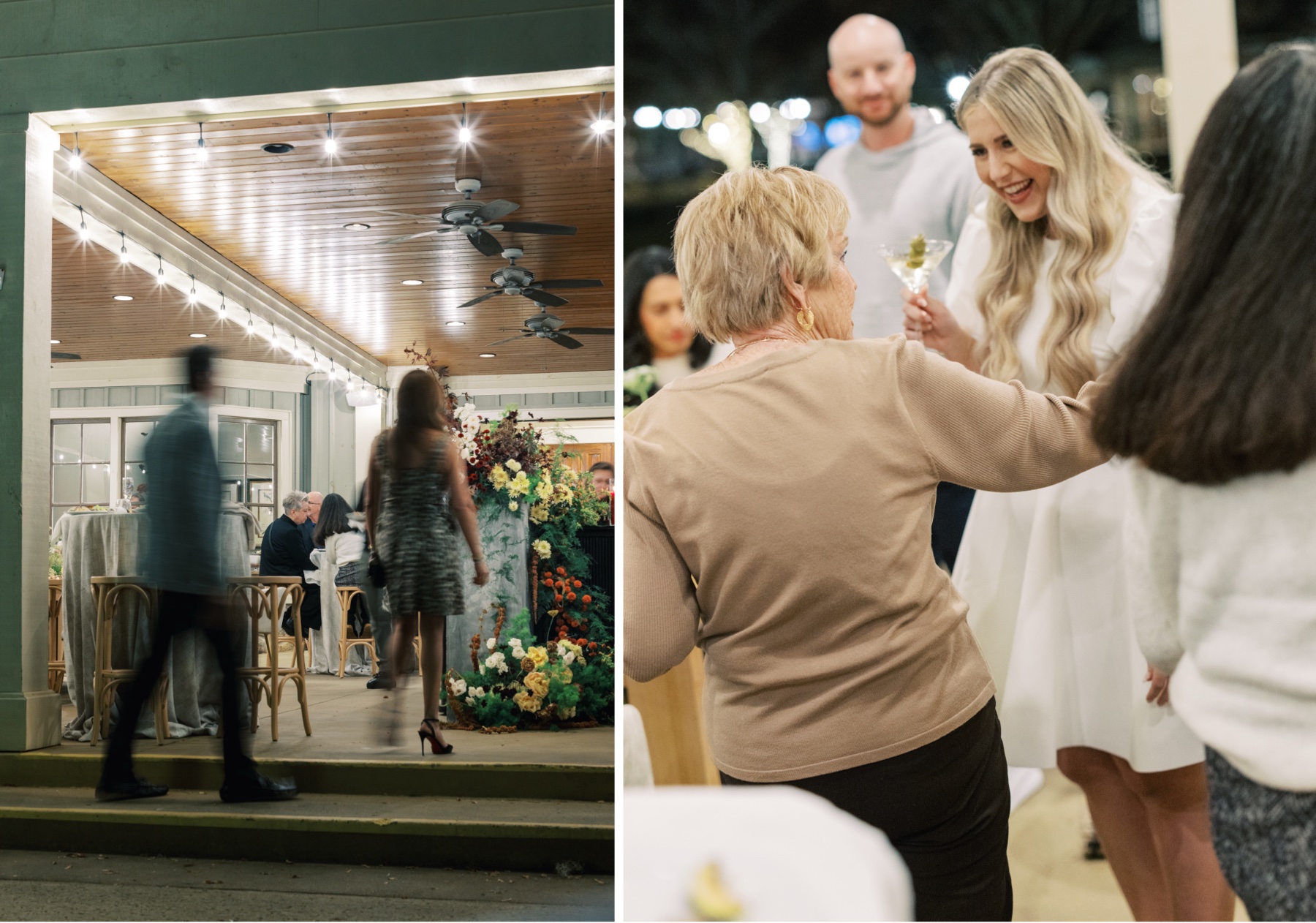 Two photos of the party showing guests as well as the bride enjoying the festivities