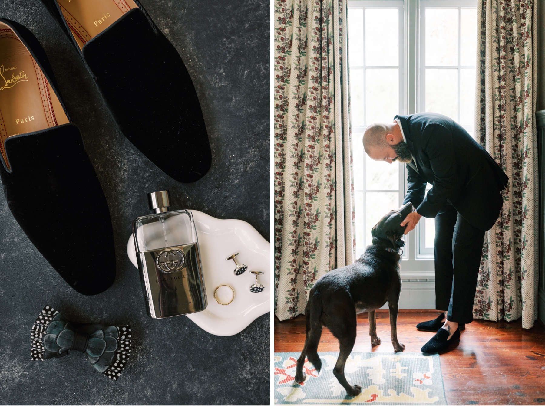 Two photos - flat lay of grooms shoes, cologne, bow tie, ring and cuff links with second photo showing groom dressed and petting a black dog