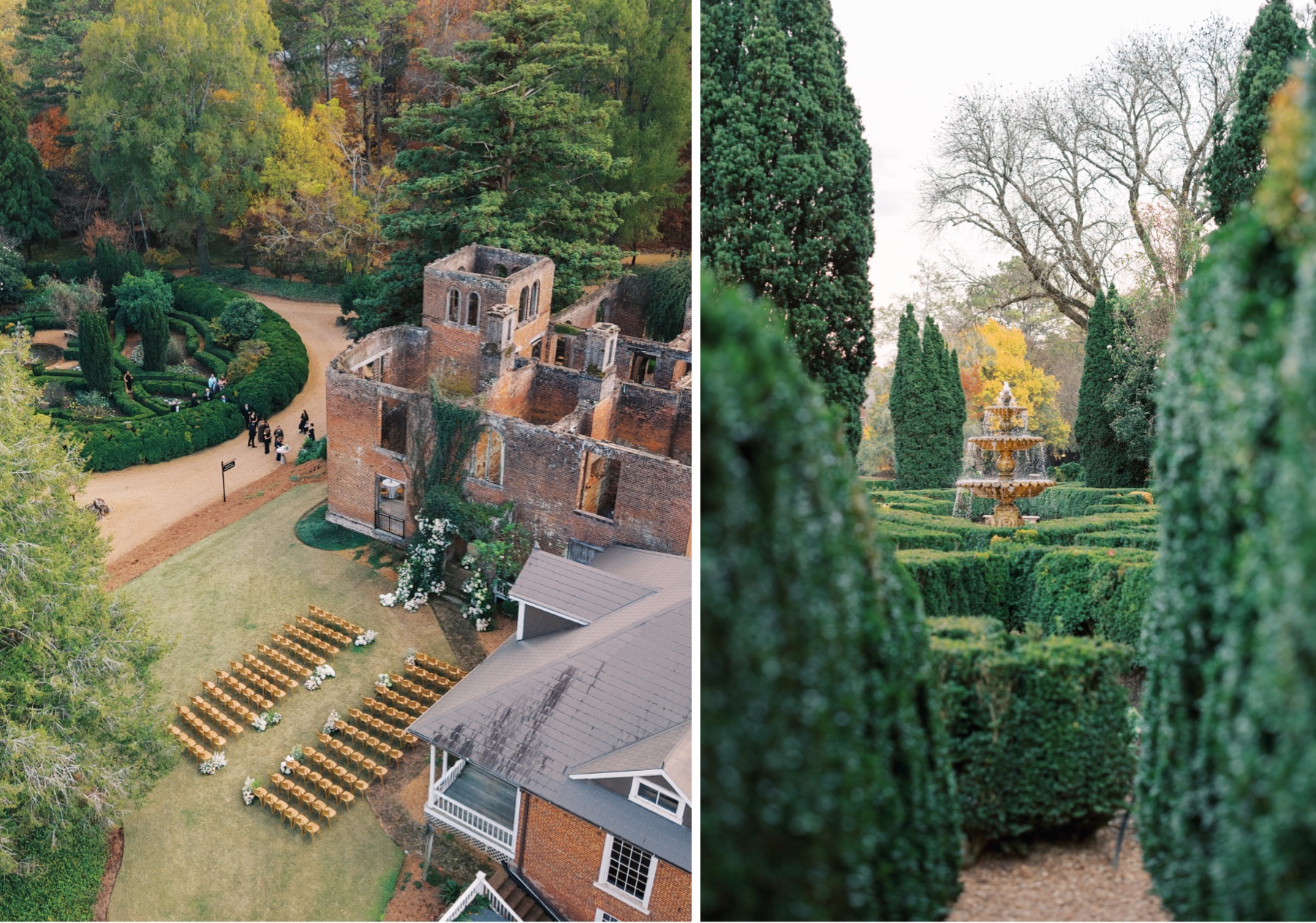 Two photos - Left is aerial shot of ceremony area while right photo is a close up of the hedge garden with the fountain in the background