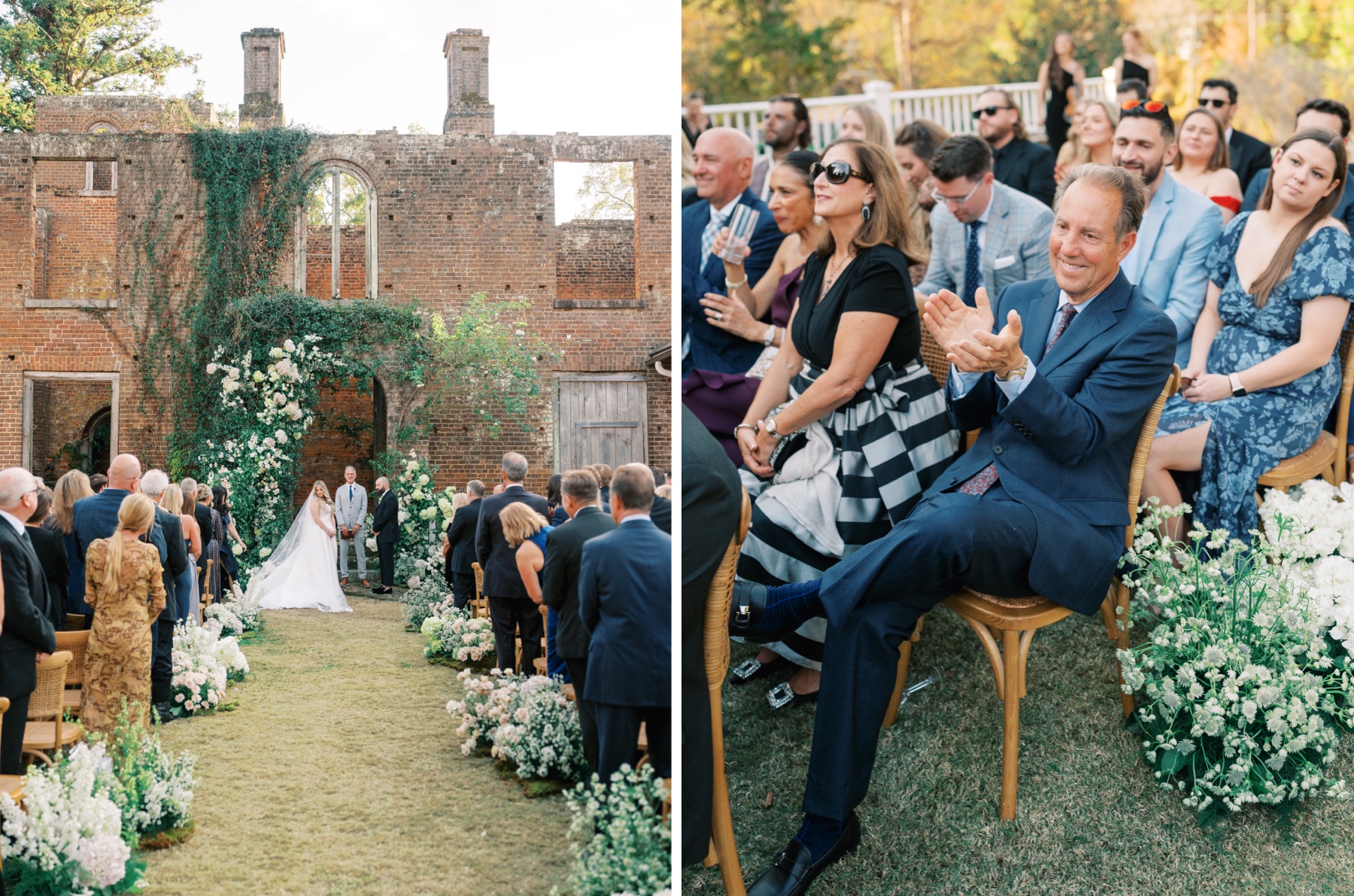 Two photos - first showing bride and groom with the officiant under an arch of flowers in front of the ruins of a brick building while second photo shows the guests seated watching the wedding