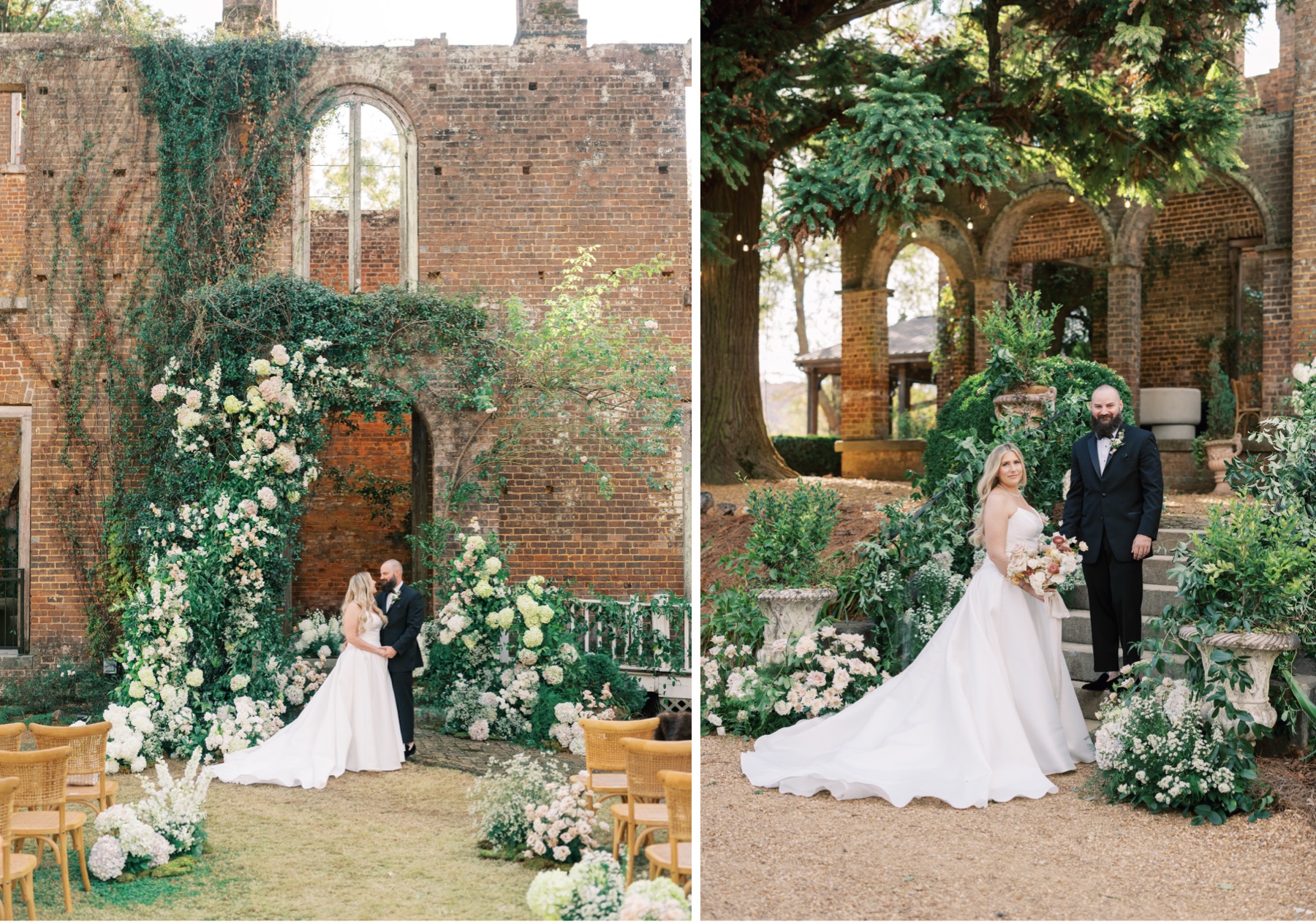 Two photos - bride and groom standing at the altar after everyone has left with second photo shows them standing on stairway with old building and flowers in the background