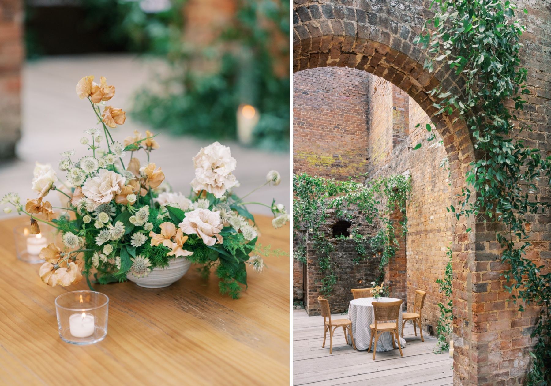 Two detail photos - one showing floral centerpiece with candles while second shows table and chairs in an open air room of the old building