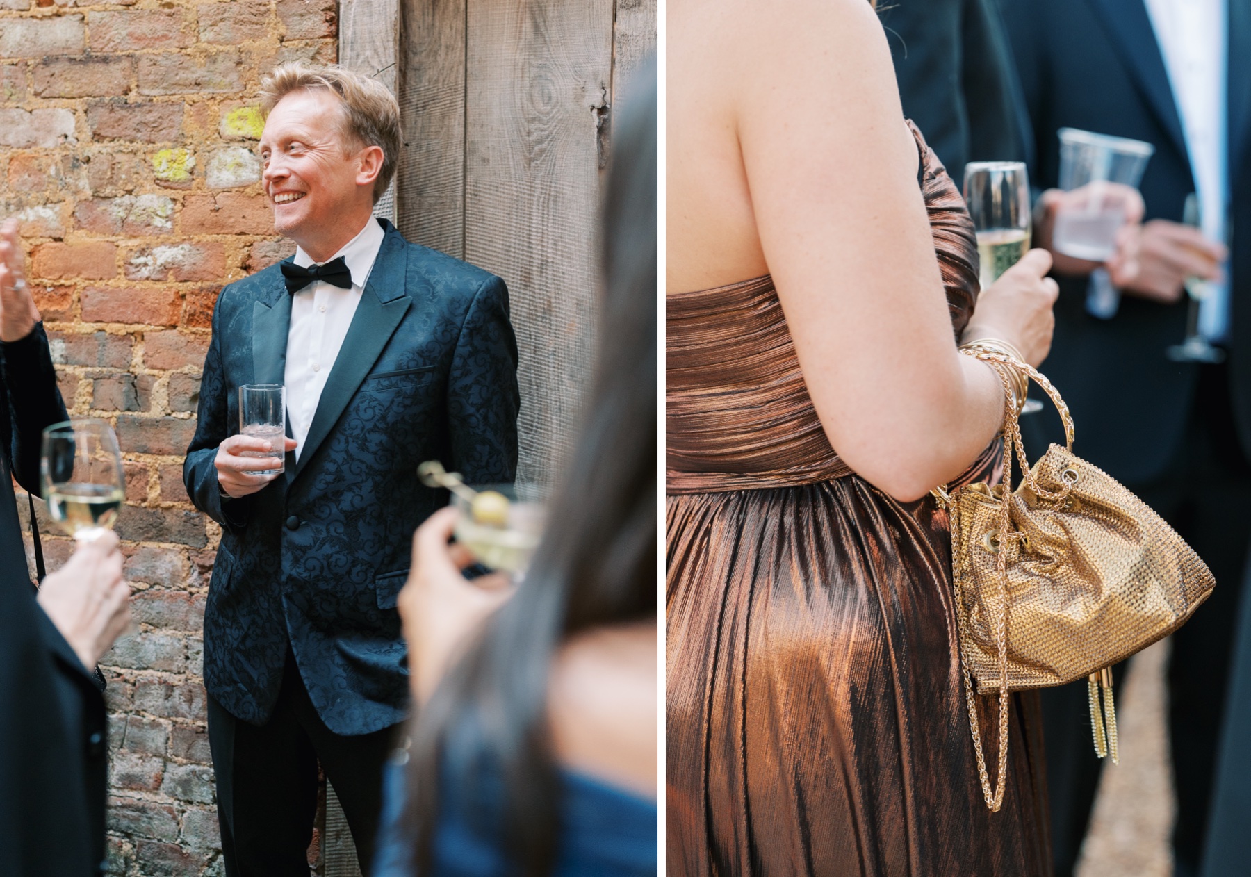 Two photos - both showing guests with drinks in their hands with one a close up of a man and the other a close up of a women in a shimmery bronze coloures strapless dree with a gold bag