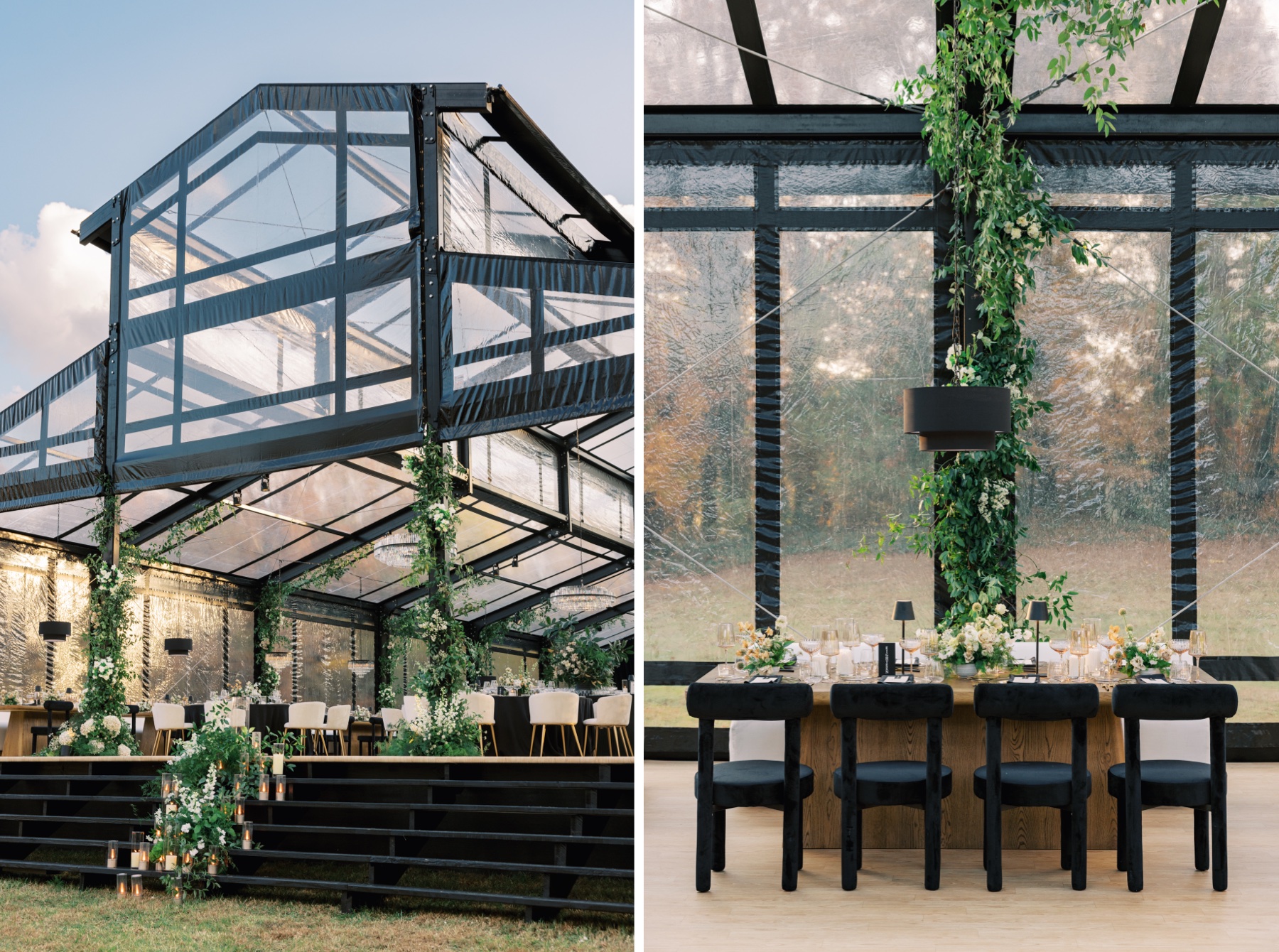 Two close up photos of reception area showing the tables and chairs as well as the greenery hanging from the walls