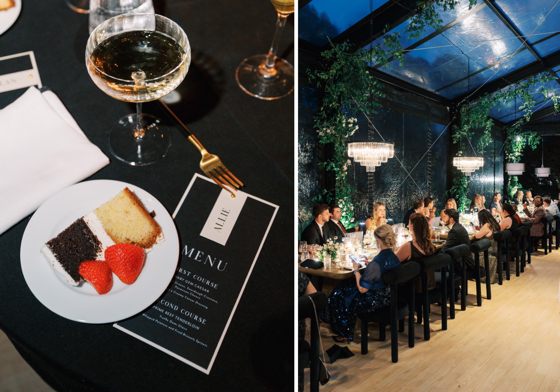Two photos - one showing close up of table with champagne, menu, and cake with strawberries while second photo shows guests sitting at the table during the evening at the Barnsley Resort Wedding