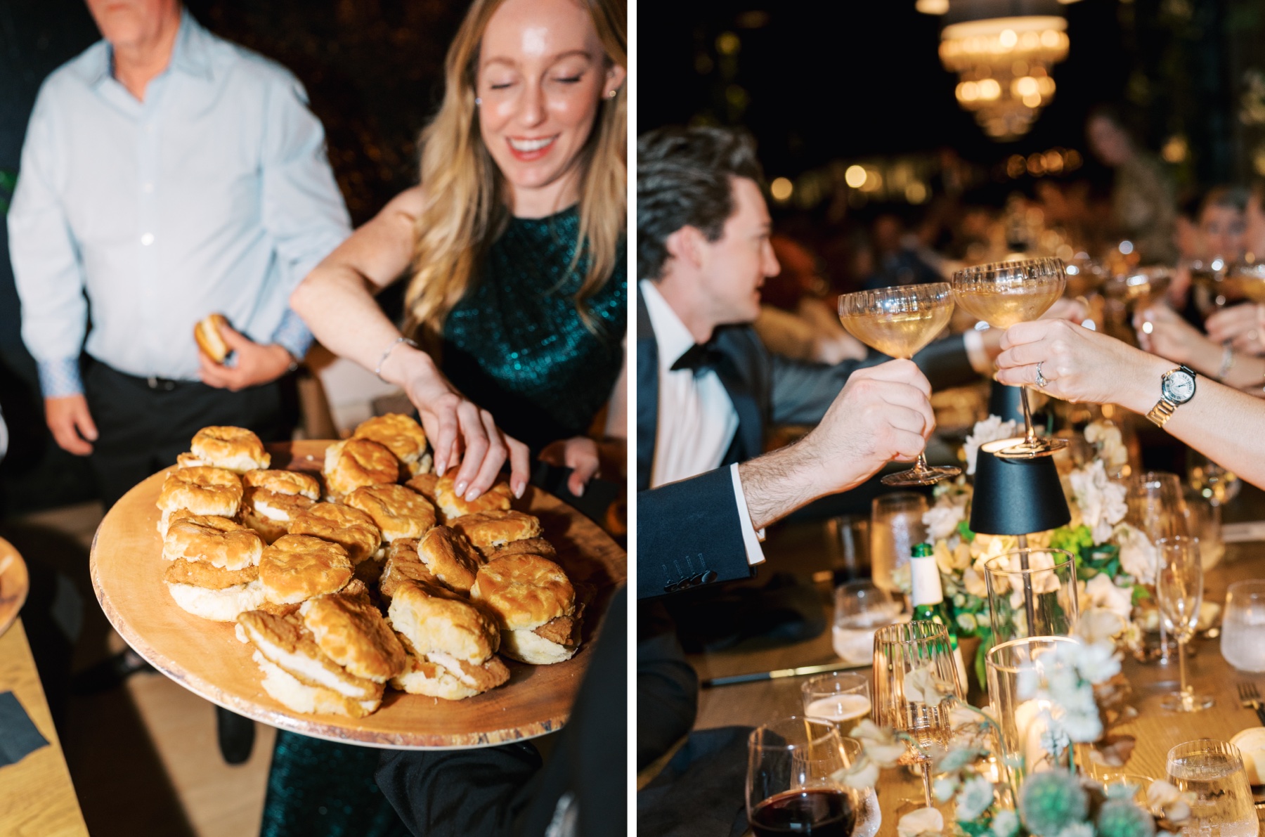 Two photos - one close up of a tray of sandwiches being offered to guests while second photo shows guests toasting with champagne glasses