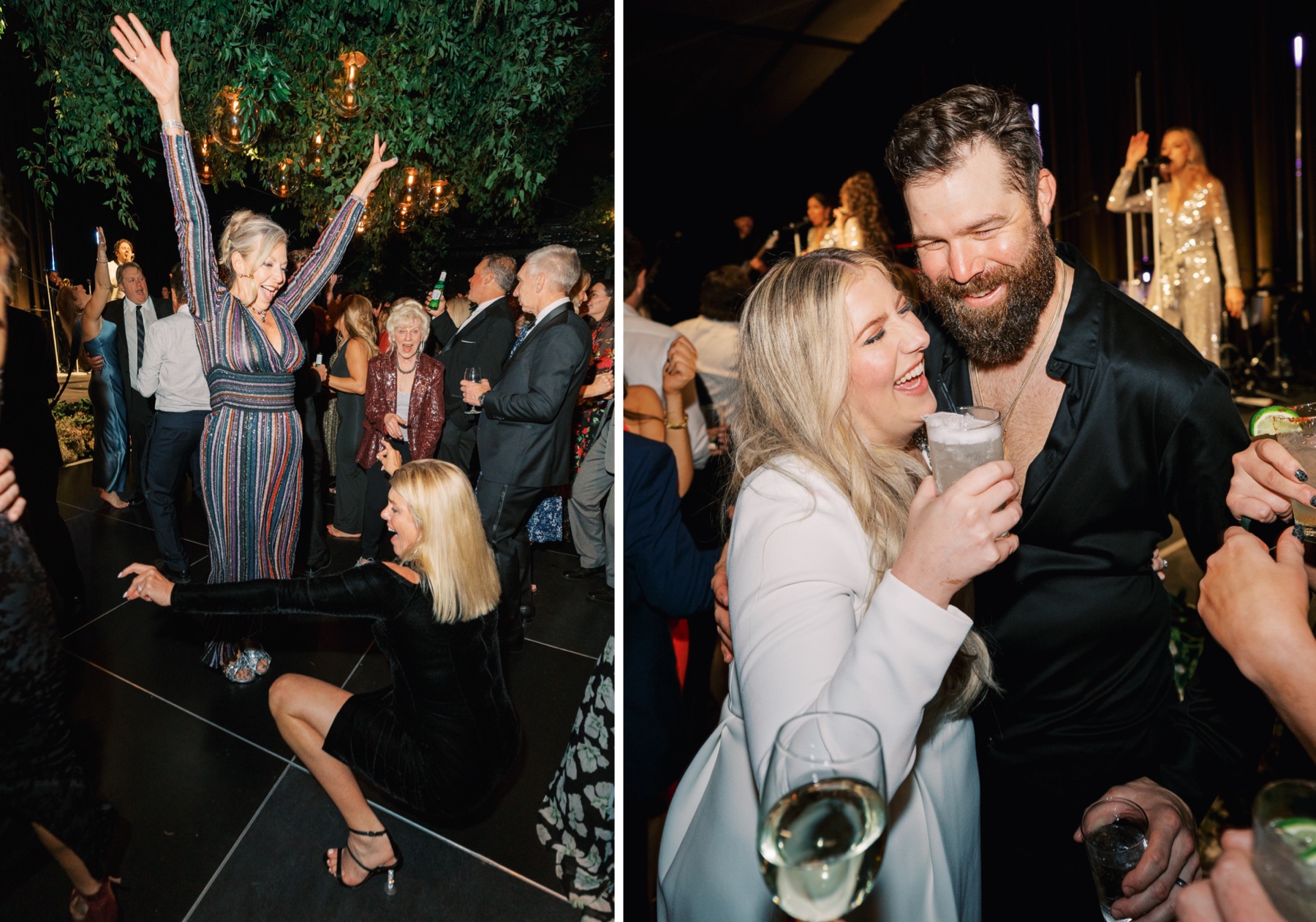 Two photos of guests dancing at the reception