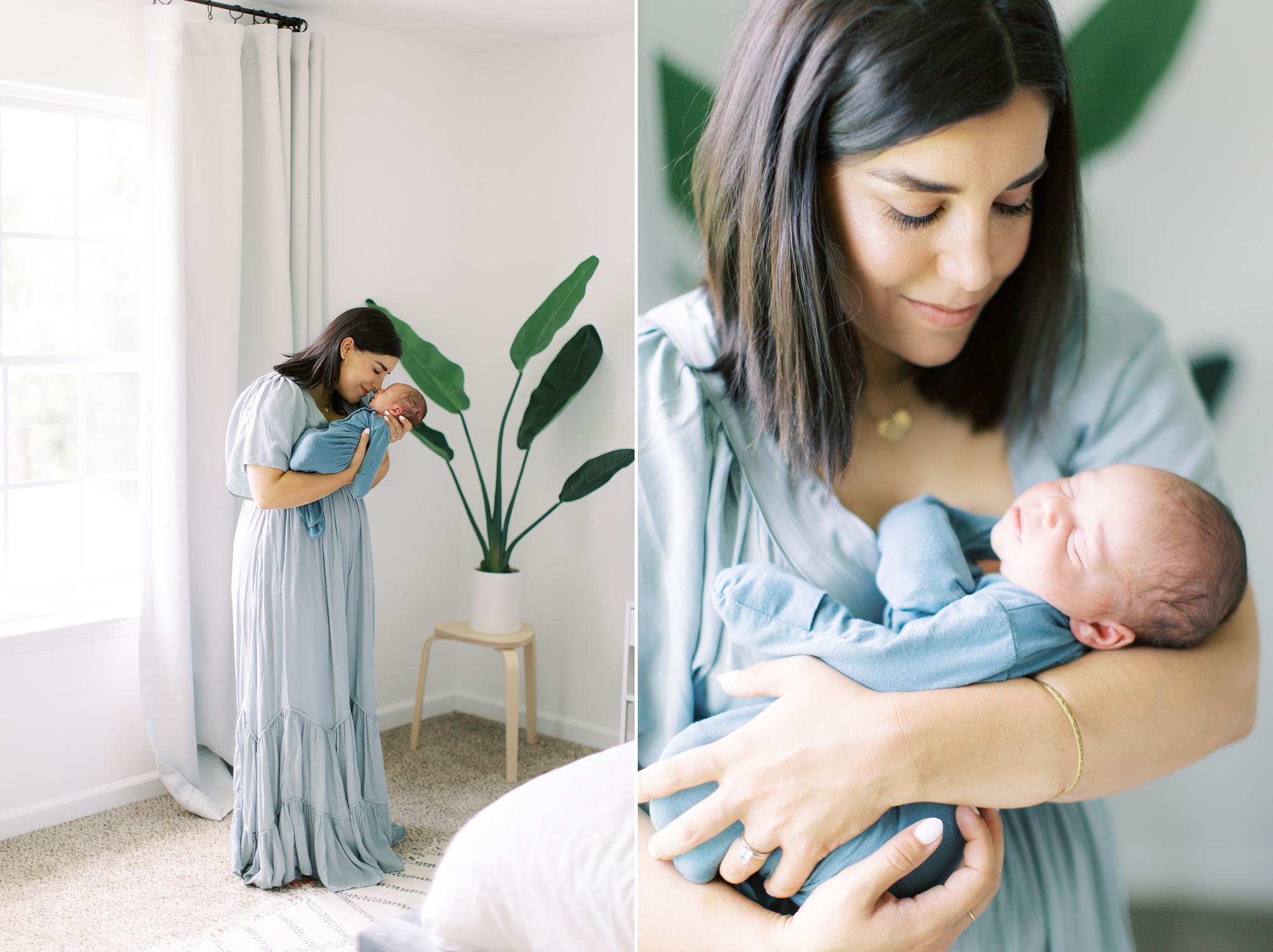 mom in blue dress kisses baby boy's forehead