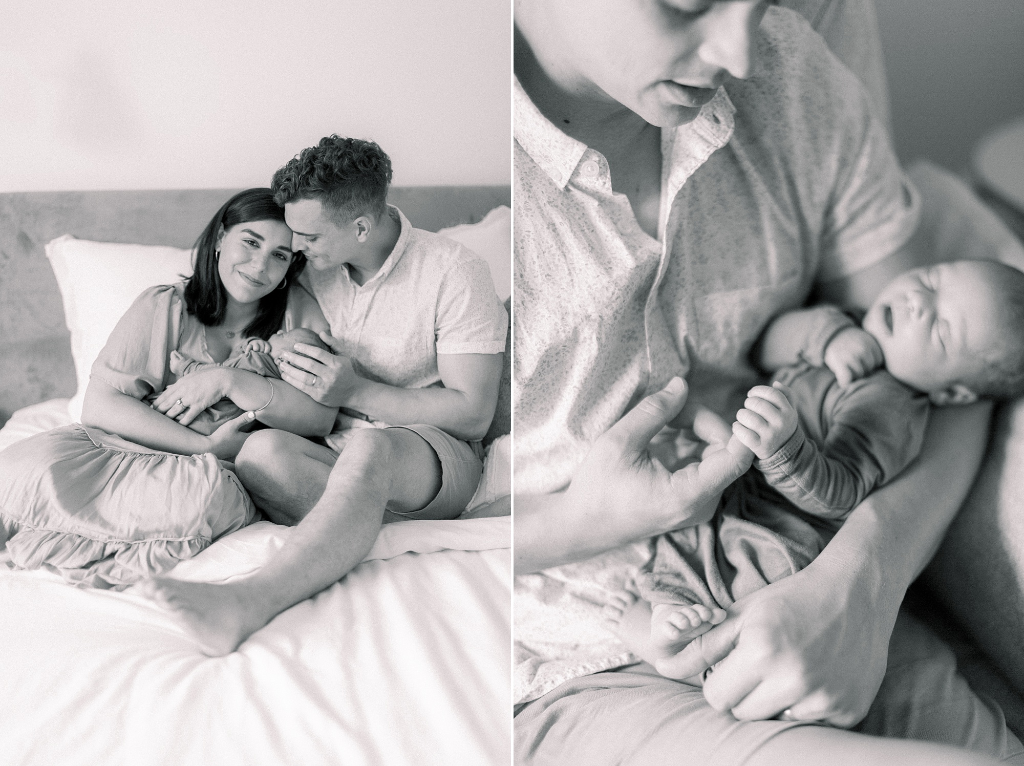 parents play with baby boy on bed during Charlotte lifestyle newborn session