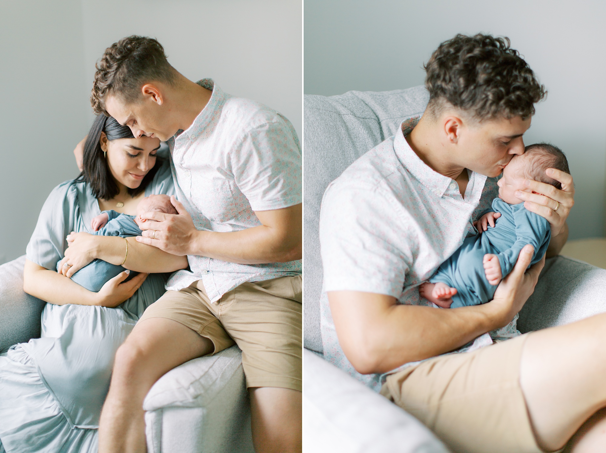 dad and mom sit on glider with son during Charlotte lifestyle newborn session