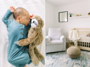 newborn baby boy poses with sloth in crib