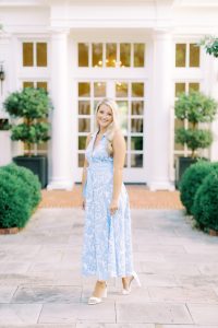 bride shows off Lily Pulitzer dress during engagement photos