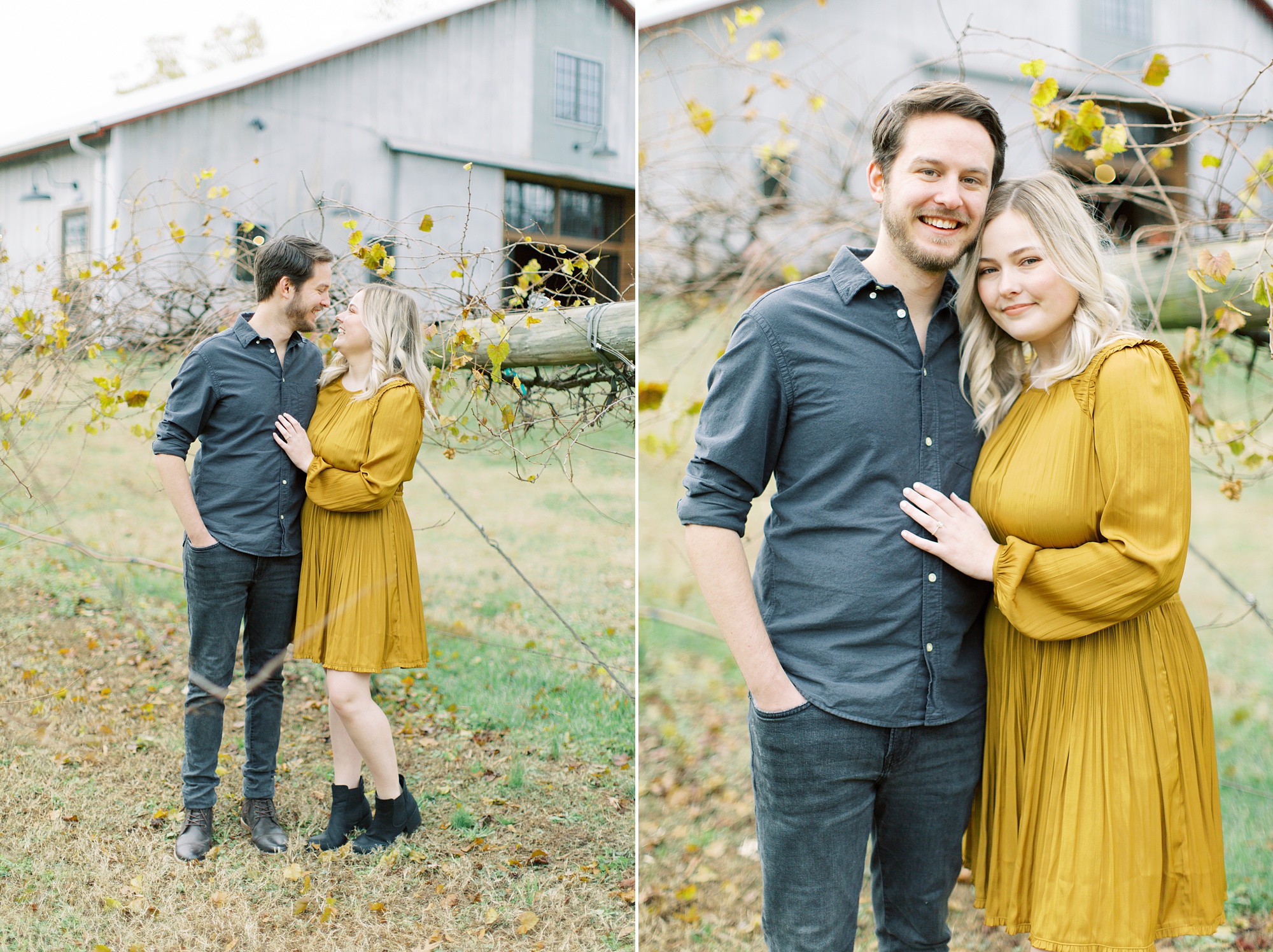 engaged couple poses by dilapidated barn at North Corner Haven