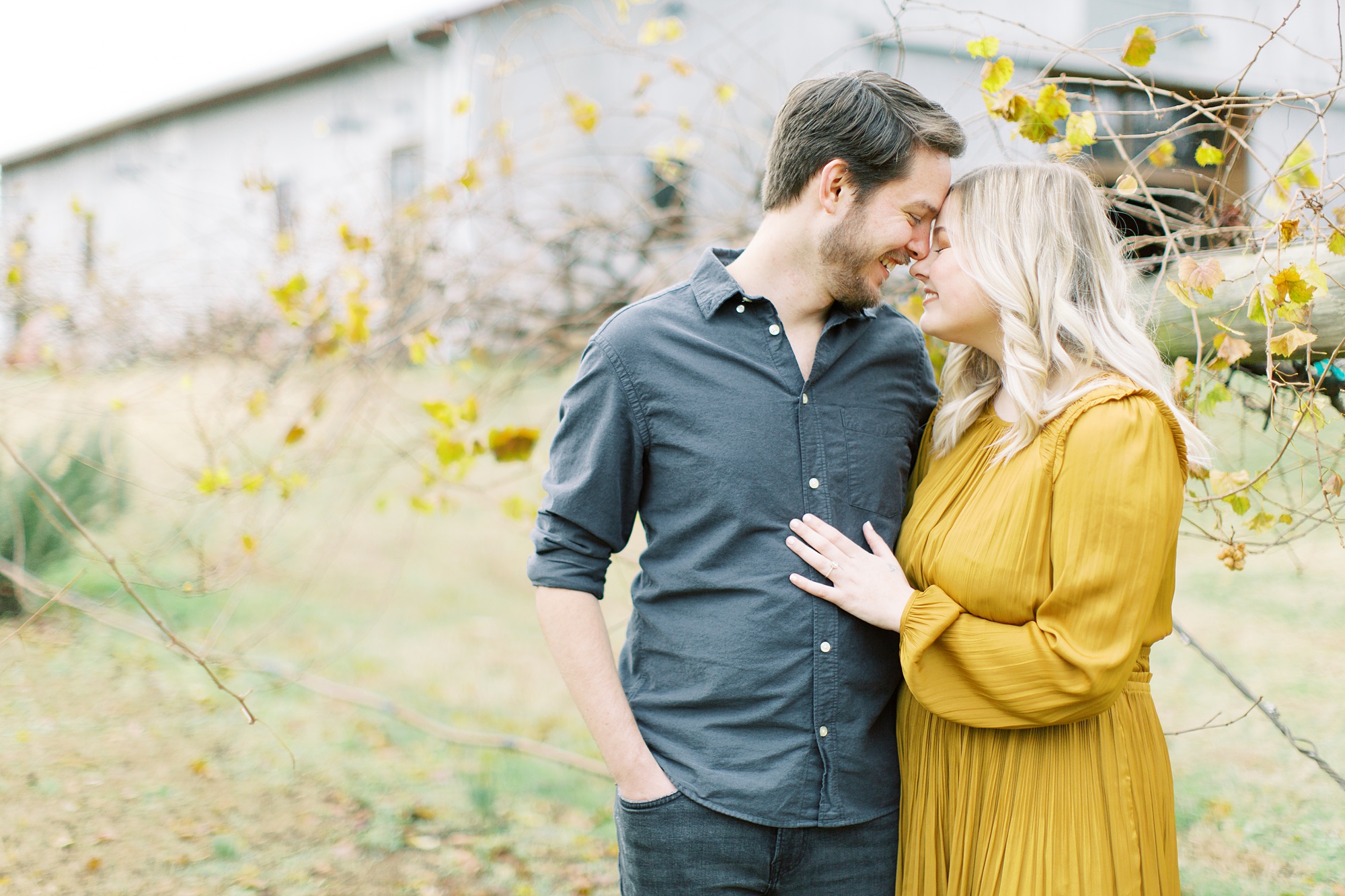romantic engagement portraits by yellow flowers at North Corner Haven
