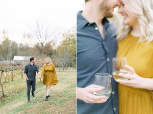 engaged couple toasts with wine glasses during North Corner Haven engagement photos