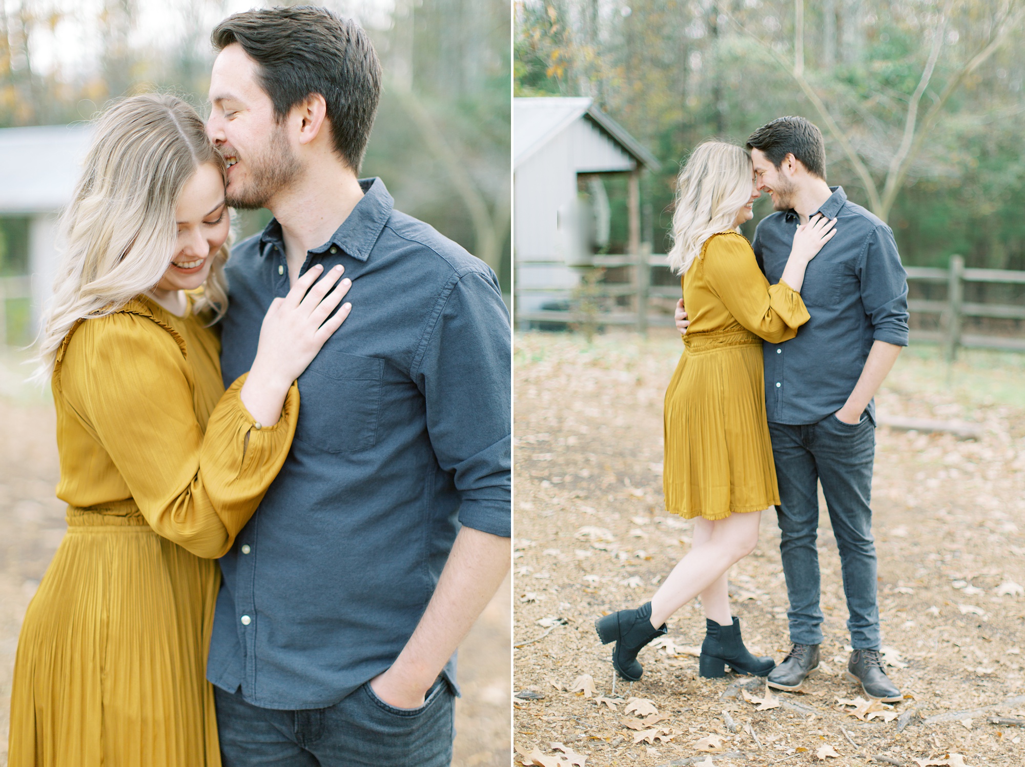 engaged couple cuddles up in front of wooden fence at North Corner Haven