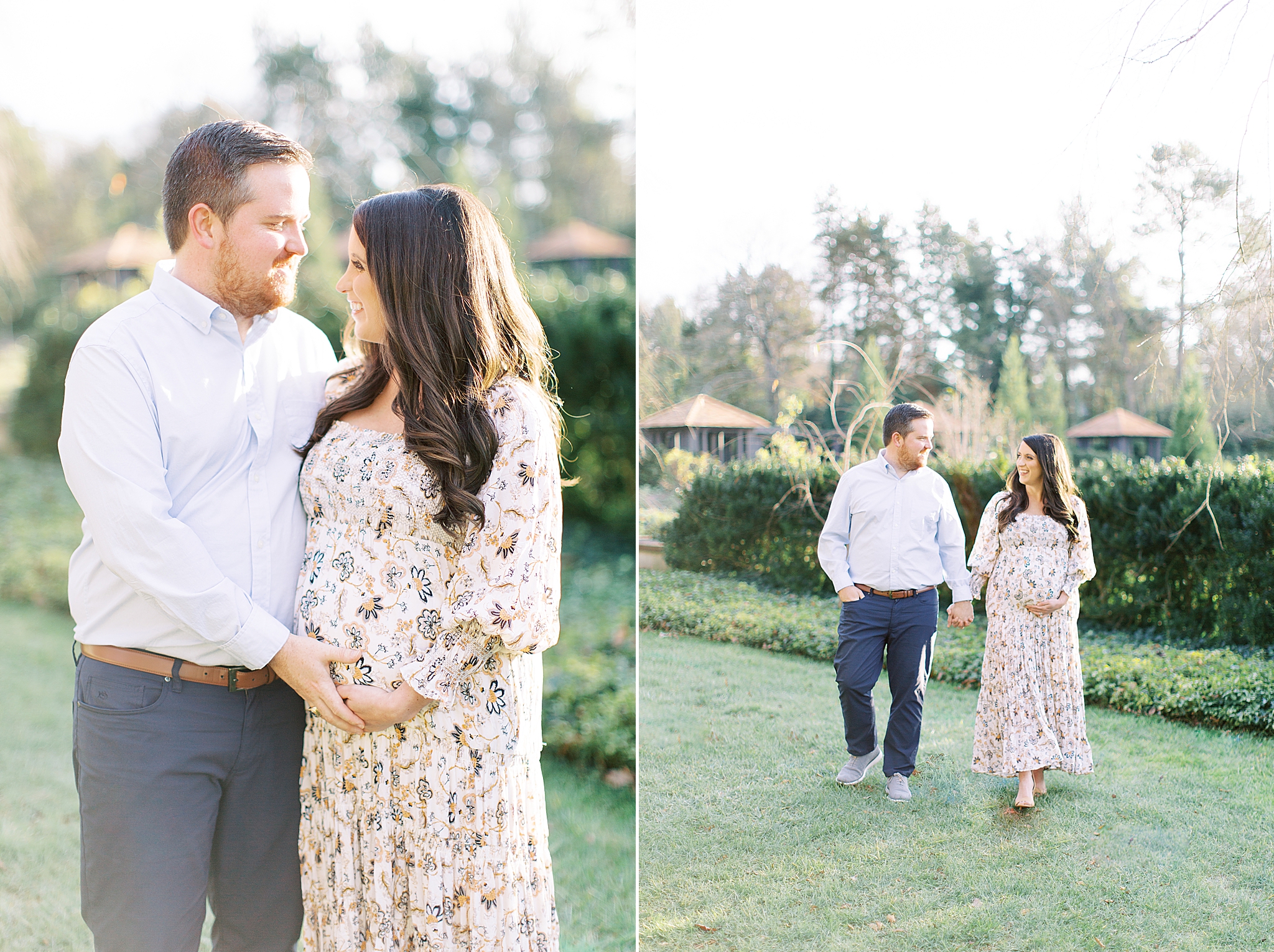 Reynolda Village maternity portraits in Winston-Salem with mom wearing floral gown