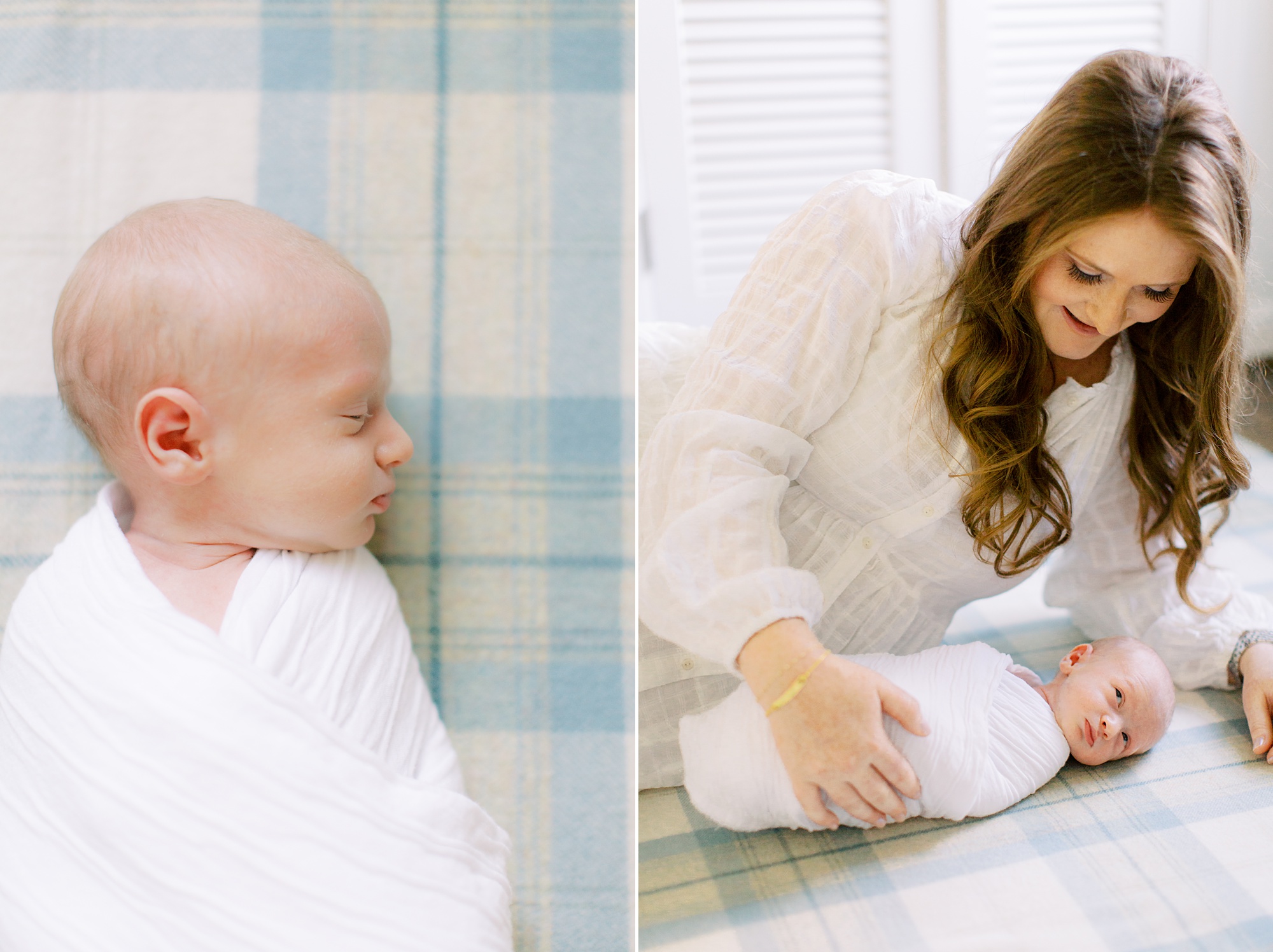 Charlotte lifestyle newborn photographer Demi Mabry captures mom with baby laying on tartan
