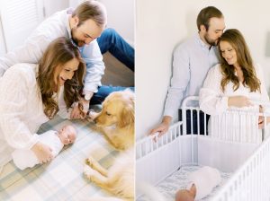 parents look at newborn baby boy in nursery
