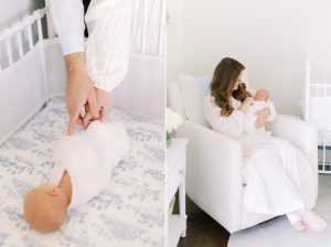 mom holds baby boy in rocker during portraits with Charlotte newborn photographer Demi Mabry