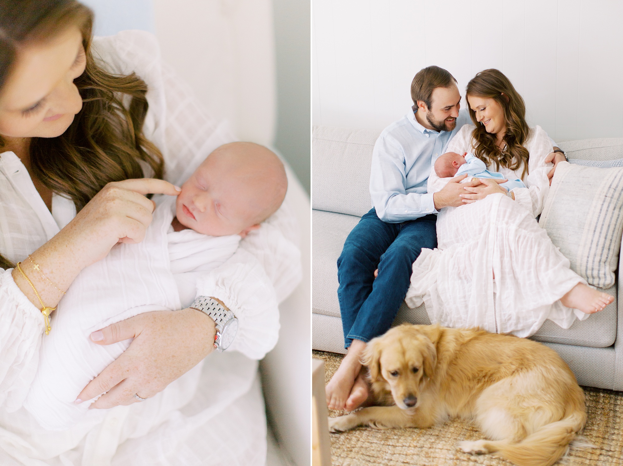 parents hold baby boy with dog by their feet at home