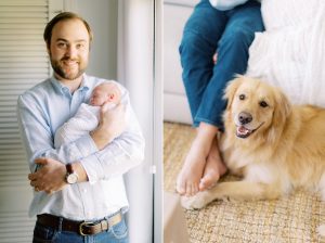 dad holds baby boy by window with dog at his feet