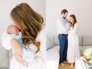 mom kisses newborn baby boy during portraits at home