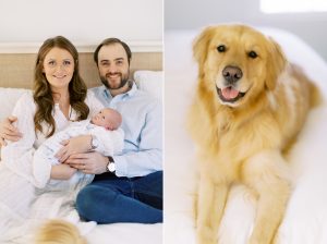 parents pose with new baby and dog on bed photographed by Charlotte newborn photographer Demi Mabry