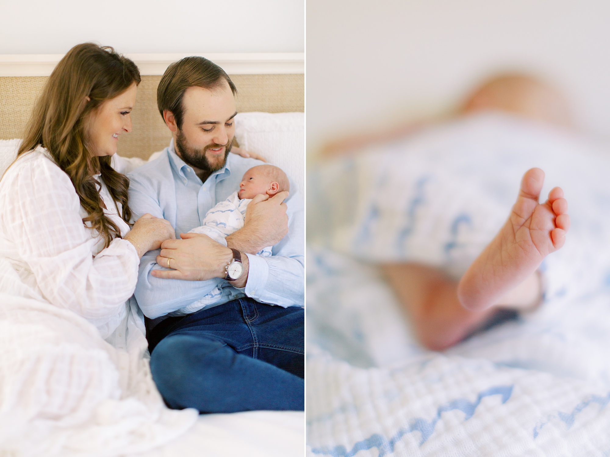 parents snuggle with baby boy during newborn photos at home with Charlotte newborn photographer Demi Mabry