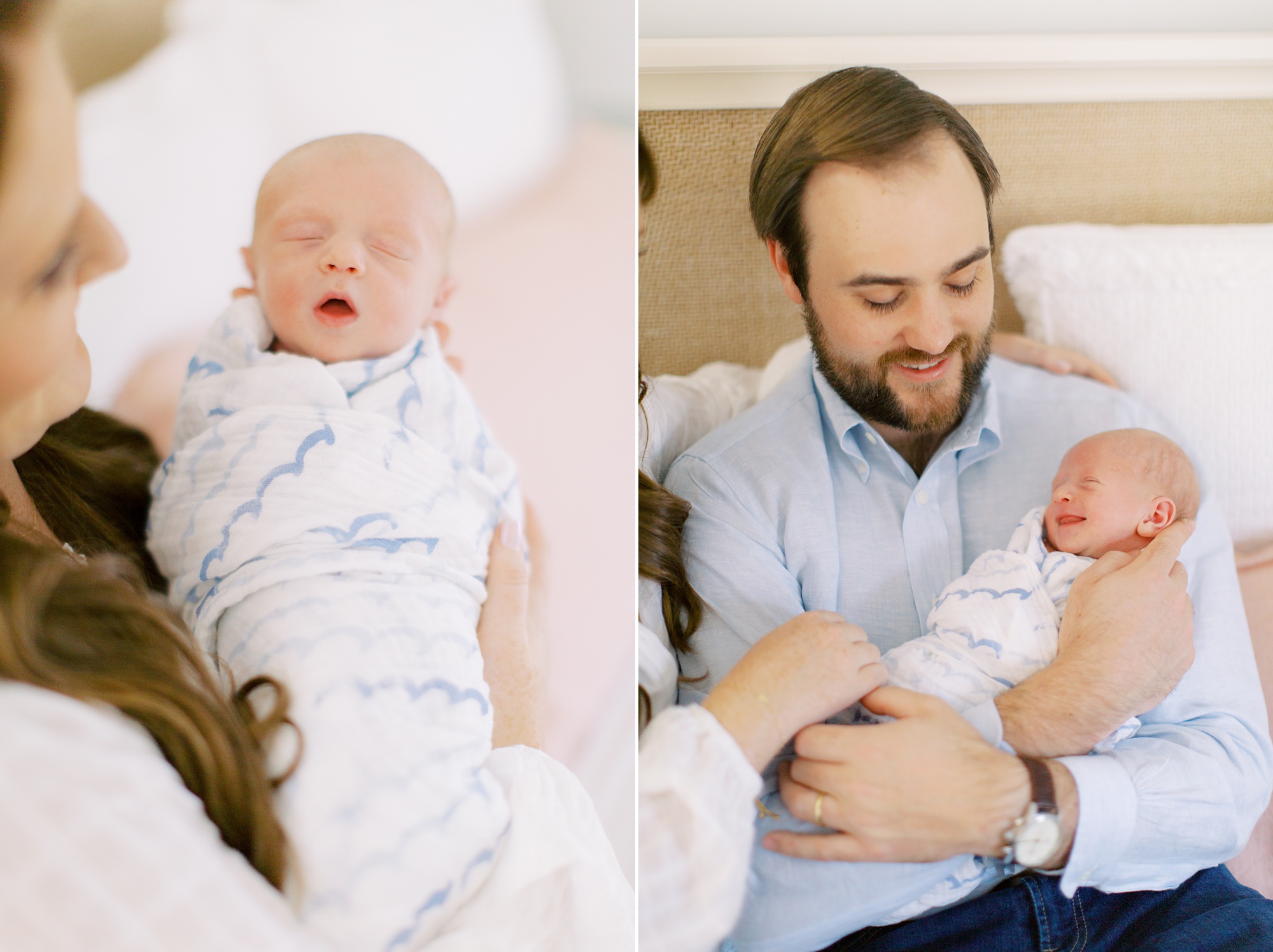 parents hold baby boy on bed during lifestyle photos at home