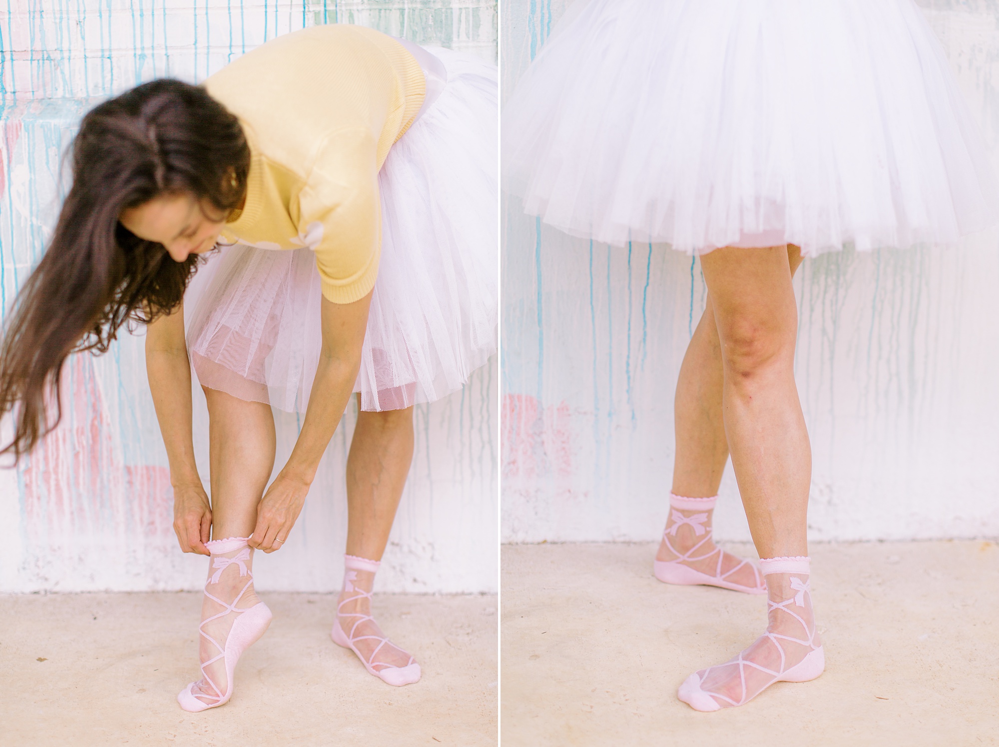 teacher adjusts ballet shoe socks
