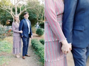 married couple holds hands standing in garden