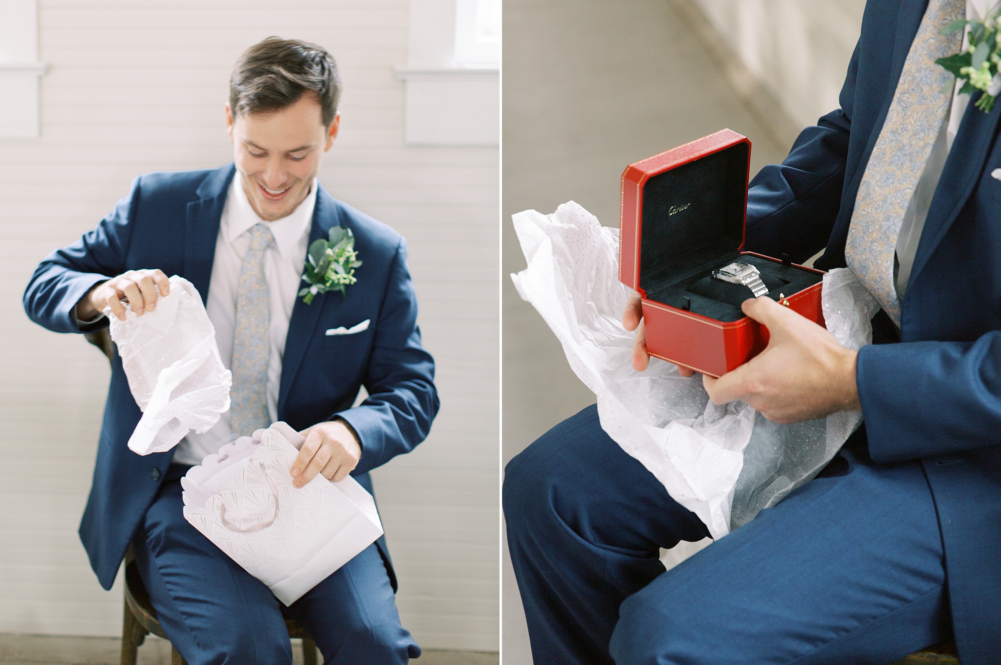 groom opens gift from bride before Dairy Barn wedding