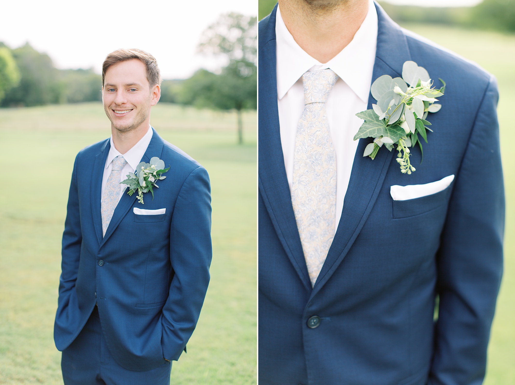 groom in navy suit with green boutineere
