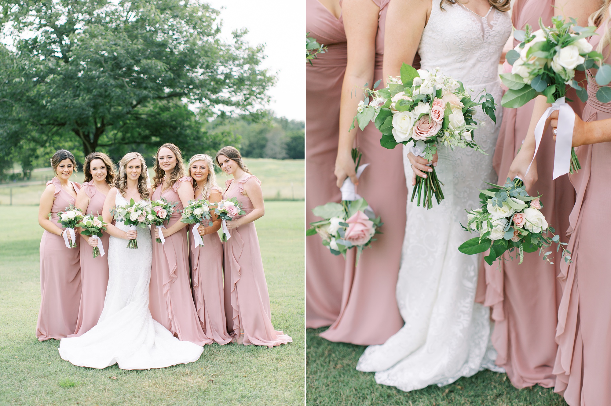 bridesmaids in pink gowns pose at The Dairy Barn