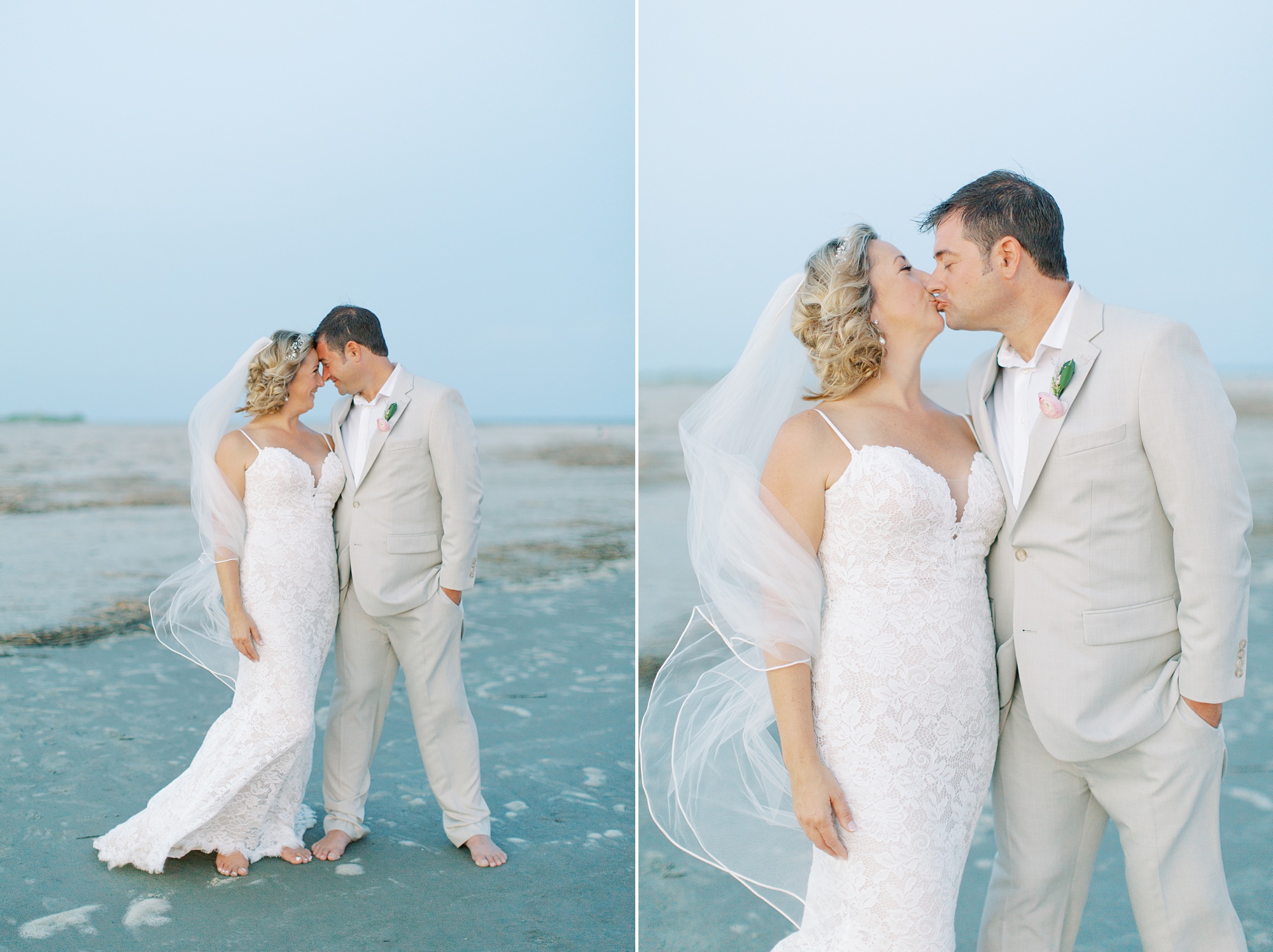 bride and groom kiss on Sullivan's Island