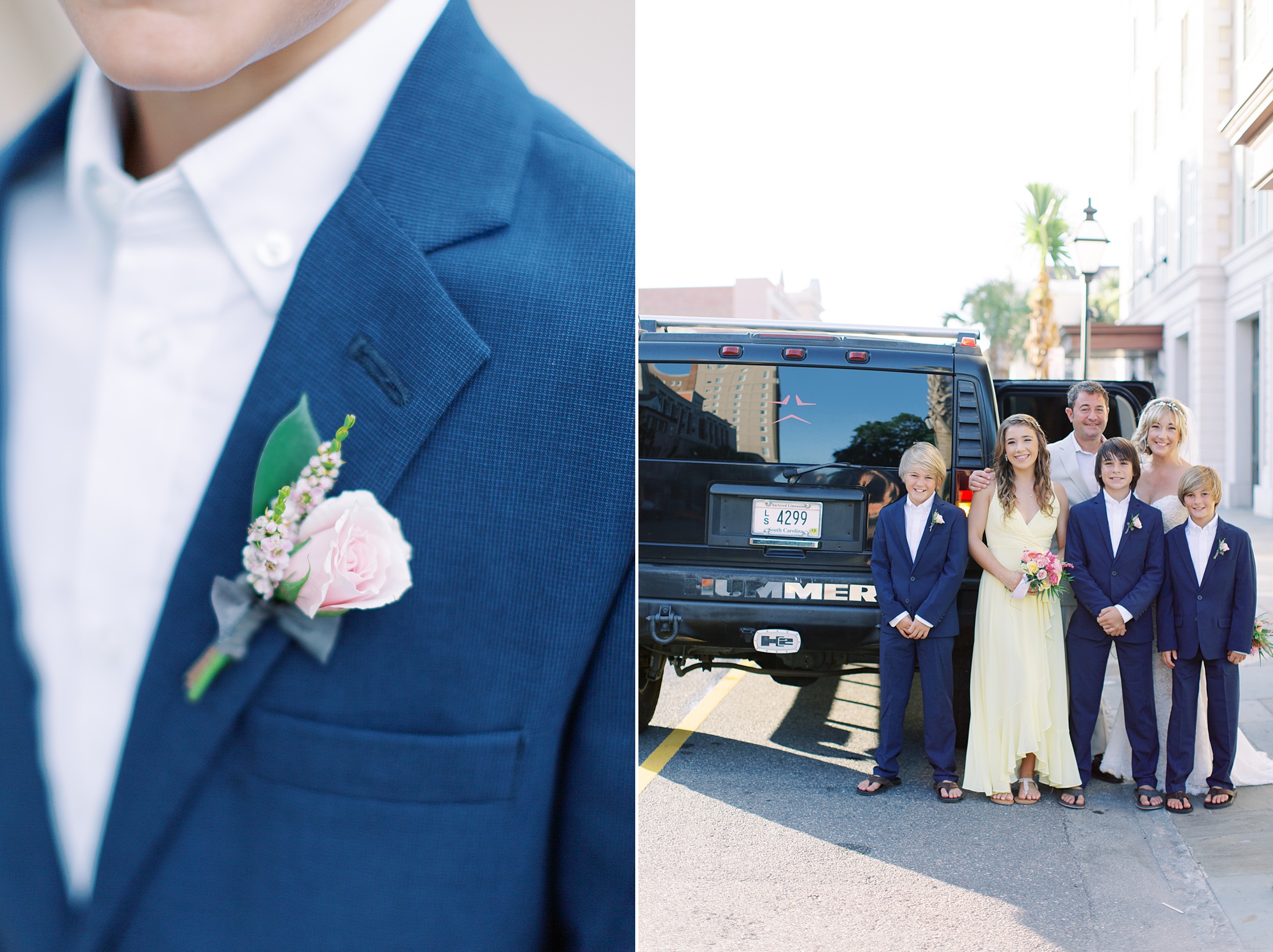 blended family poses by Hummer in Charleston after first look