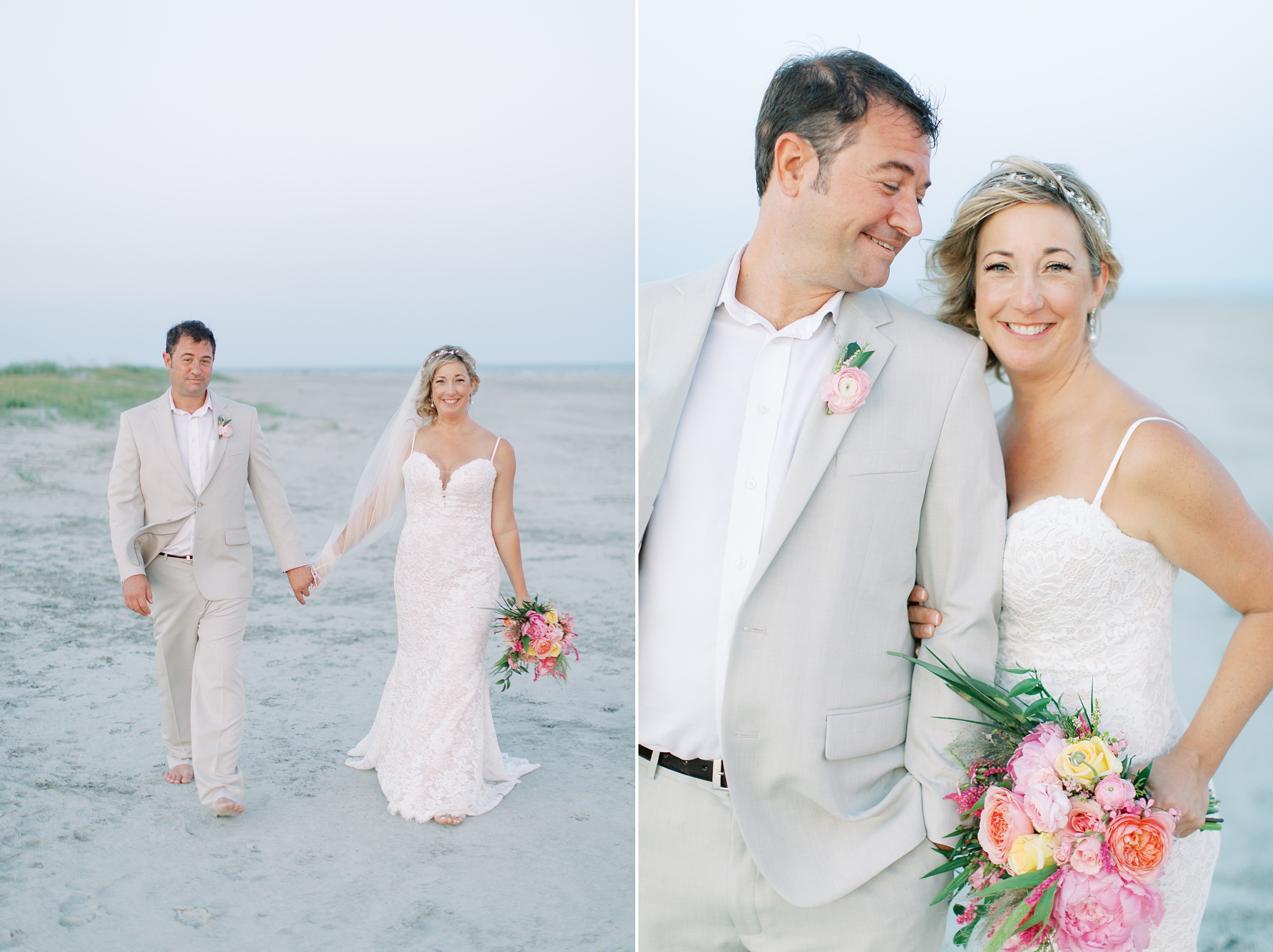 bride and groom pose on beach in Charleston SC