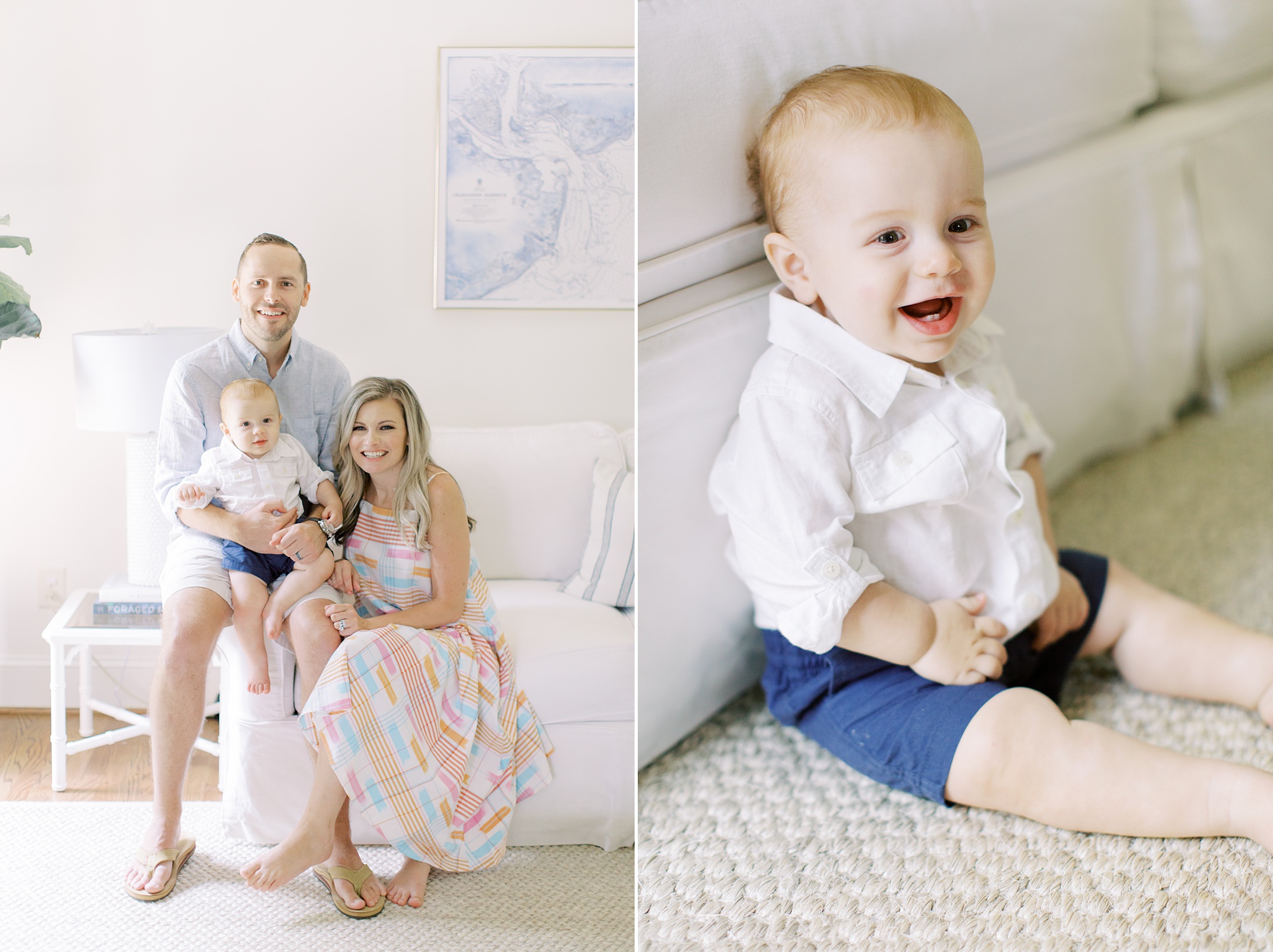 lifestyle family portraits in living room with toddler