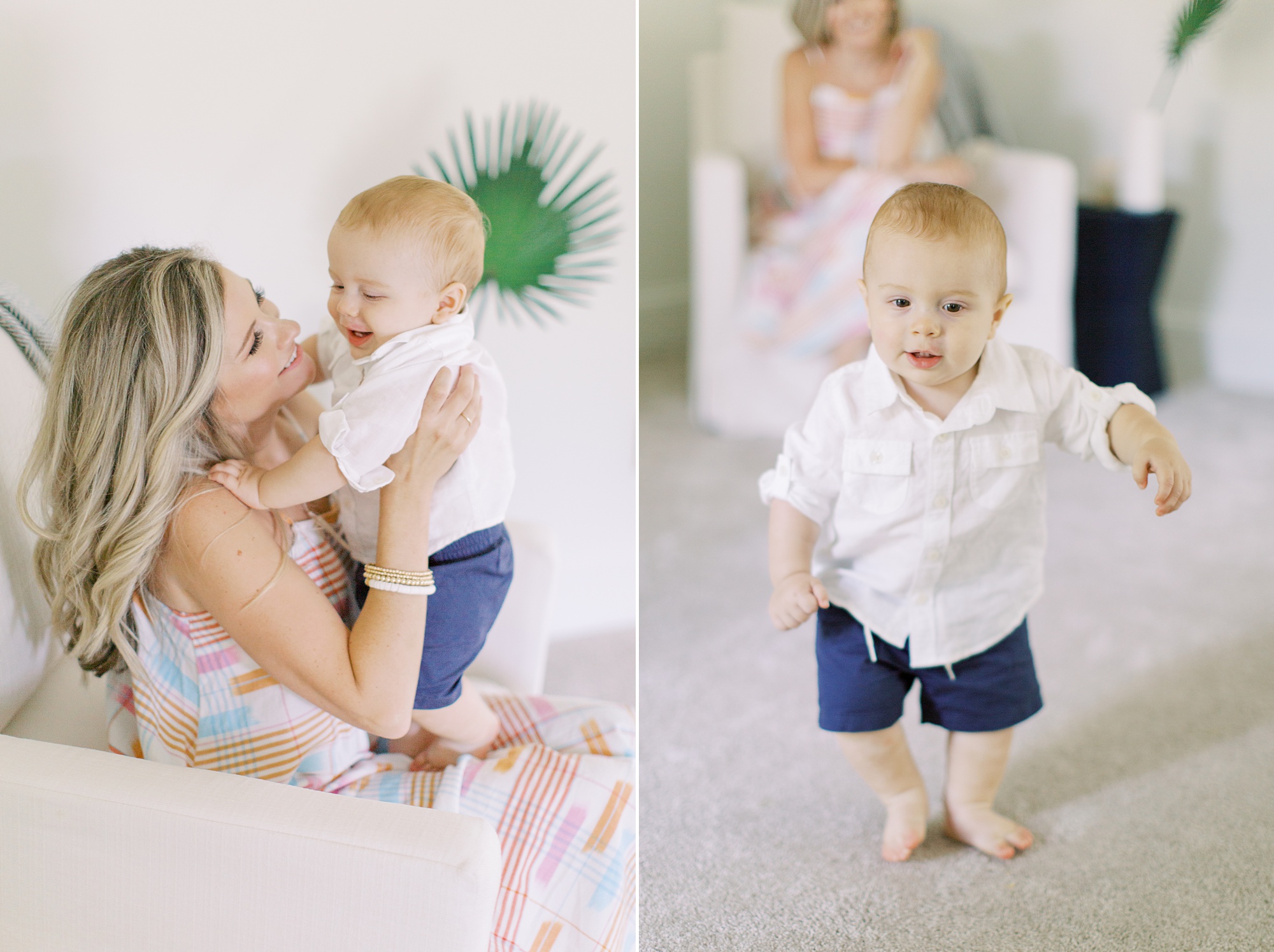 mom laughs with one year old during Charlotte Family Session at home