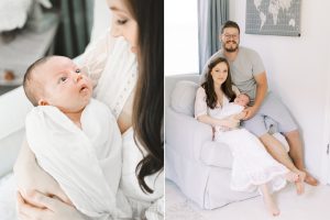 parents snuggle with new baby boy during lifestyle photos at home