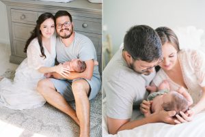 new parents snuggle baby in nursery and on bed at home